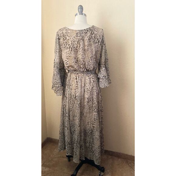 Une Ame Women's Dress Size XL Taupe Gold Sparkle Flutter Belted Chiffon - Picture 9 of 11